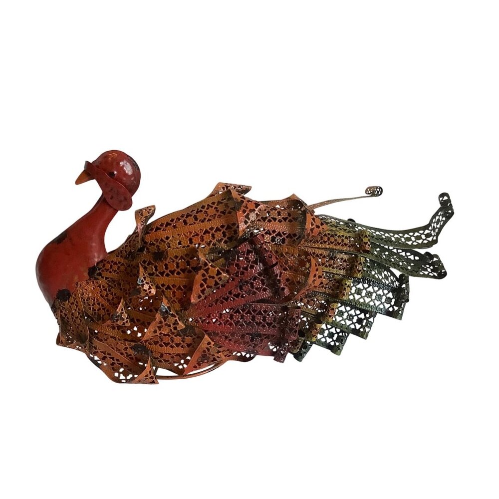 Vtg Metal Turkey Sculpture Distressed Tableware Centerpiece Thanksgiving 15"
